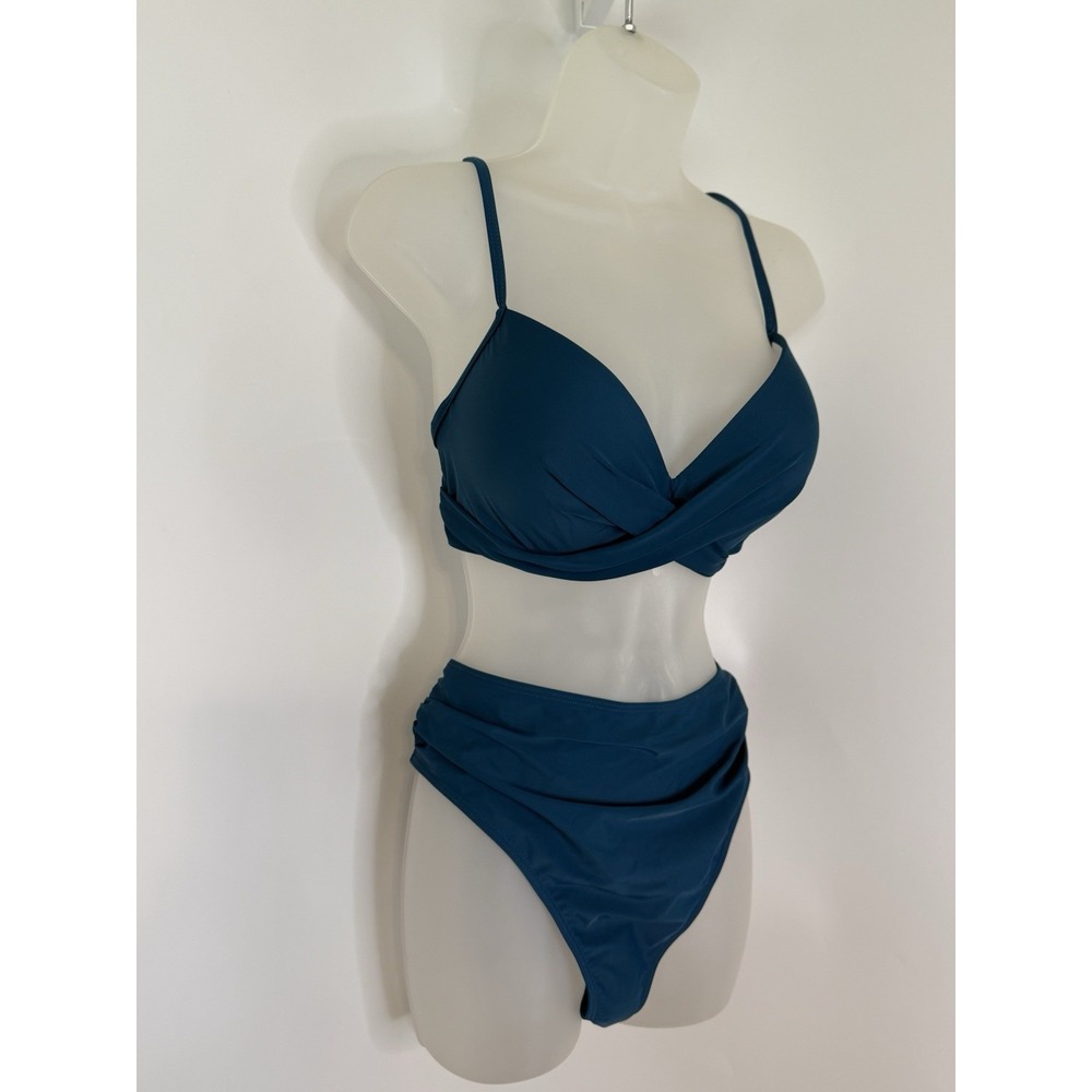 New Women's 2 Piece High Waist and Wrap Top Bikini Swimsuit Sea Blue Green XL - Picture 15 of 16